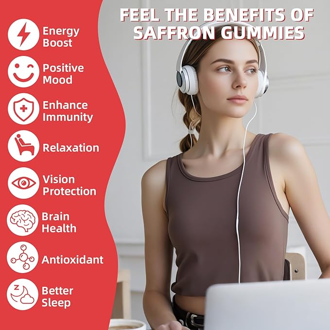 Saffron Gummies for Adults Kids - Organic Saffron Extract Supplement for Men Women Sugar Free for Mood Balance Support Better Sleep Metabolism with Vitamins Non GMO Strawberry Flavored 30 Days Supply