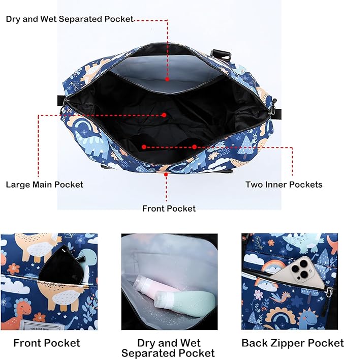 Travel Duffle Bag Weekender Overnight Bag Gym Tote Bag with Wet Pocket for Women Girls Workout Duffel Bag Water Resistant (B-Dinosaurs)