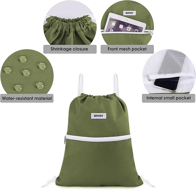 WANDF Drawstring Backpack String Bag Sackpack Cinch Water Resistant Nylon for Sport Yoga Gym Shopping (Dark Green)
