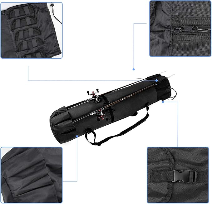 Allnice Durable Canvas Fishing Rod & Reel Organizer Bag Travel Carry Case Bag- Holds 5 Poles & Tackle