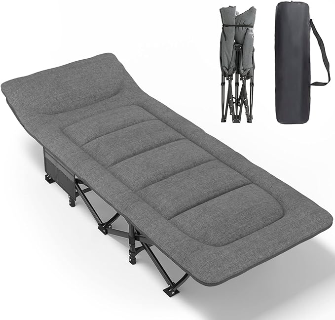 ATORPOK Camping Cot for Adults with Cushion and Pillow, Portable Folding Bed for Sleeping, Lightweight Tent cot with Carry Bag Supports 450 lbs (Grey)