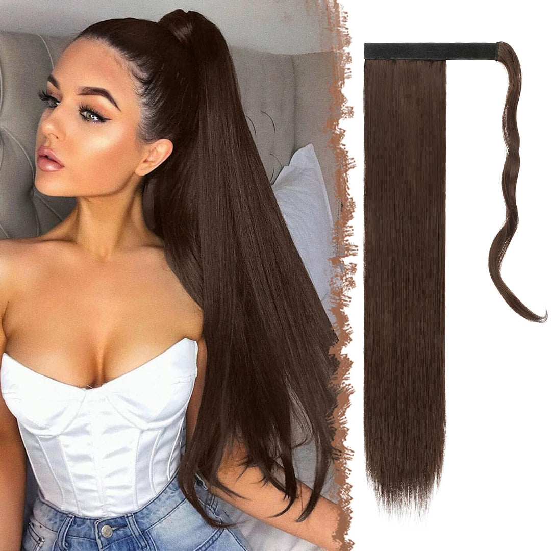 Feshfen Straight Long Ponytail Extensions 28 Inch Medium Brown Wrap Around Synthetic Hair Piece Pony Tail Hair Extensions Hairpi