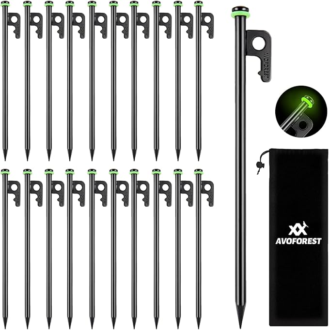 12Inch Heavy Duty Tent Stakes,20 PCS Tent Pegs Metal+Fluorescent Silicone Rings+ Storage Bag for Camping (20pcs)