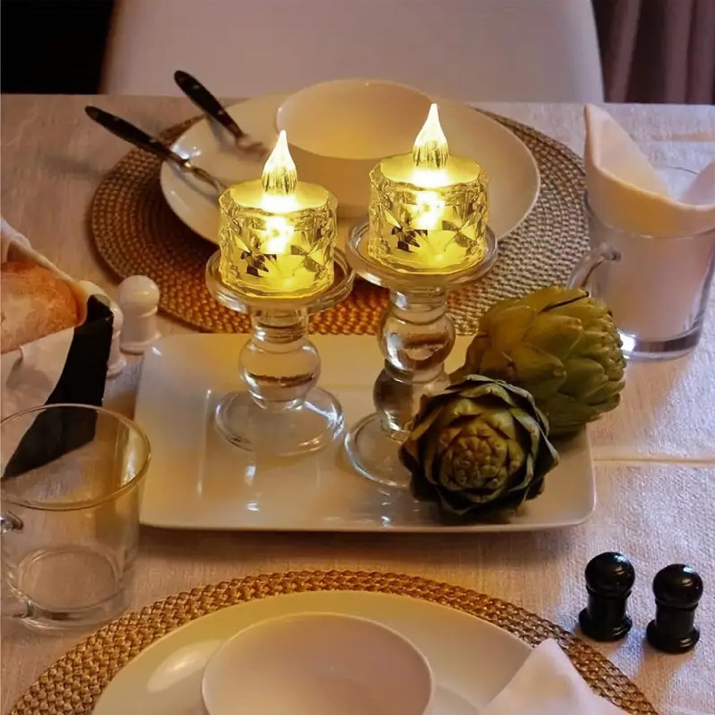 24 Pcs LED Tea Light Candles, Transparent Rhombus Crystal Warm Lights, Battery Operated Fake Candles Light, Battery Tea Lights Non Flickering for Votive Party Wedding Birthday Home Decoration