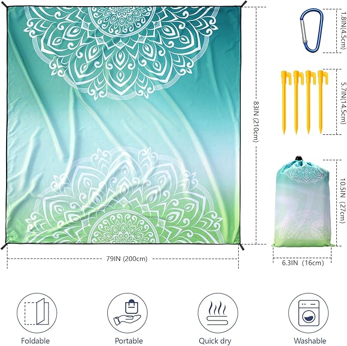 Beach Blanket, Wateresistant Sandproof Sand Free Beach Mat with Corner Pockets Portable Bag for Beach Festival,Picnic,Travel and Outdoor Camping Activties (Mandarin-Green,79"×83"(4 Person))