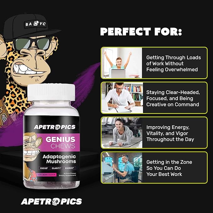 Apetropics Genius Chews - Brain Gummies with Lion’s Mane, Cordyceps, Reishi, and Turkey Tail Mushroom - Immune Support and Nootropic Brain Supplement - Very Berry Flavor - 30 Fruit Chews