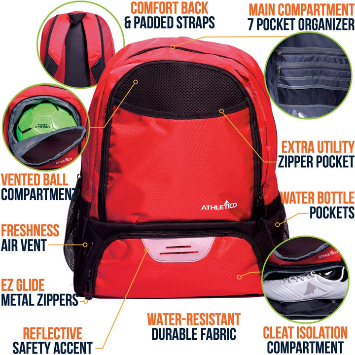 Athletico Youth Soccer Bag - Soccer Backpack & Bags for Basketball, Volleyball & Football | Includes Separate Cleat and Ball Compartment (Black)