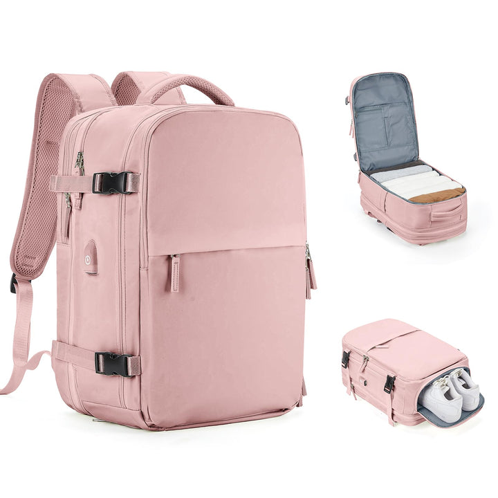 Expandable Backpack For Traveling On Airplane Carry On Backpack Flight Approved Personal Item Travel Backpack For Women Men Airline Approved Gym Bag With Shoe Compartment Travel Weekender Bag Pink