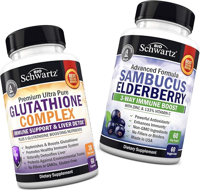 Glutathione Complex with Milk Thistle Extract, Vitamin C & Quercetin + Sambucus Elderberry Capsules with Zinc & Vitamin C - Natural Antioxidant Formulas - Promotes Liver & Immune Support