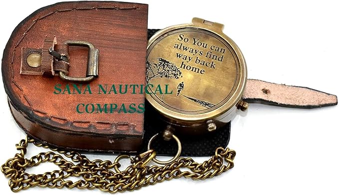 Antique Pocket Chain Compass to My Husband Brass Locket Compass with Engraved Brass Compass on Chain with Leather case, by Brass Nautical Compass, Antique Brown, 2.5 X 2.5 X 0.90''