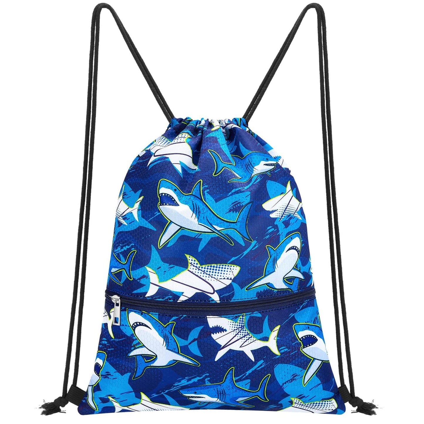 WAWSAM Shark Drawstring Backpack for Kids - Gym DrawString Bag for kids Swim Bag Boys Sports Draw String Bag Waterproof Beach Sport Gym String Bags with Zipper Pocket Cinch Backpack for Boys