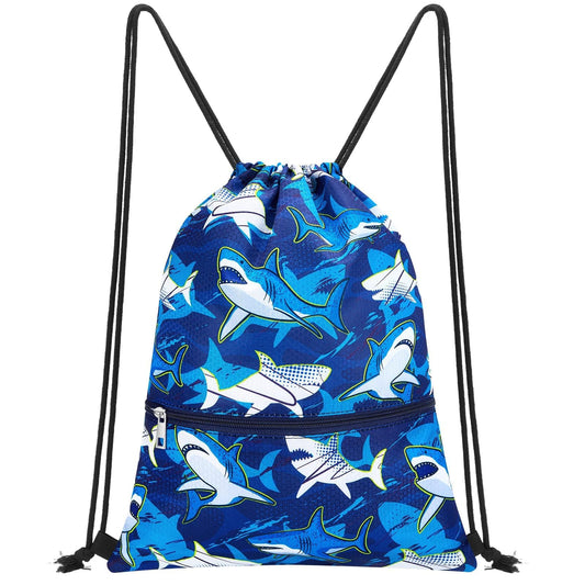 WAWSAM Shark Drawstring Backpack for Kids - Gym DrawString Bag for kids Swim Bag Boys Sports Draw String Bag Waterproof Beach Sport Gym String Bags with Zipper Pocket Cinch Backpack for Boys