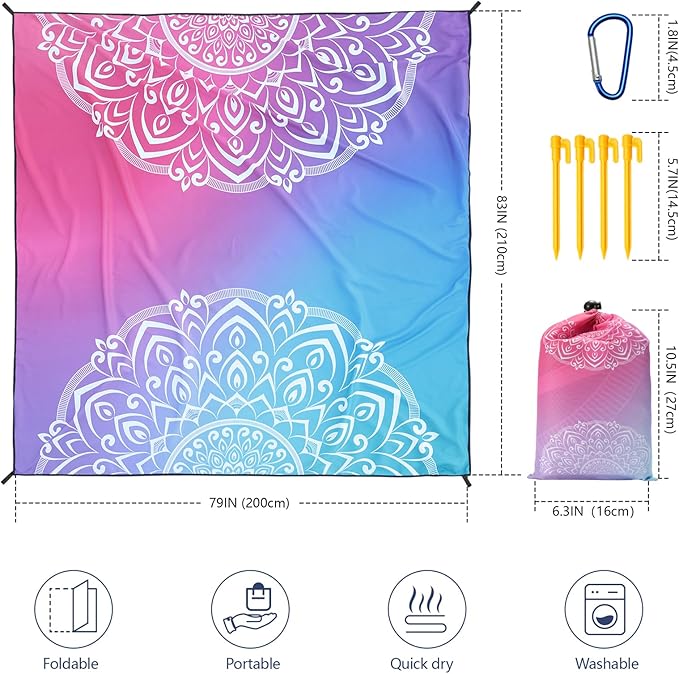 Beach Blanket, Sandproof Beach Mat, Waterproof Quick Drying Lightweight Outdoor Aztec Picnic Mat 79" X 83" for 2-4 Adults with Pocket for Travel, Camping, Hiking