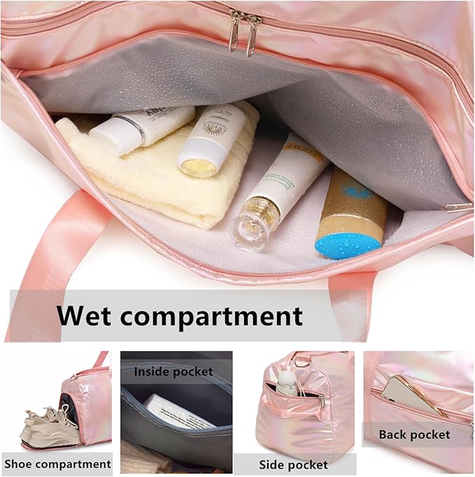 Girls Sports Duffel Bags Woman Travel Bag Overnight Duffle Bag Kids Sports Gym Bag With Shoe Compartment Wet Pocket (Matte Pink)