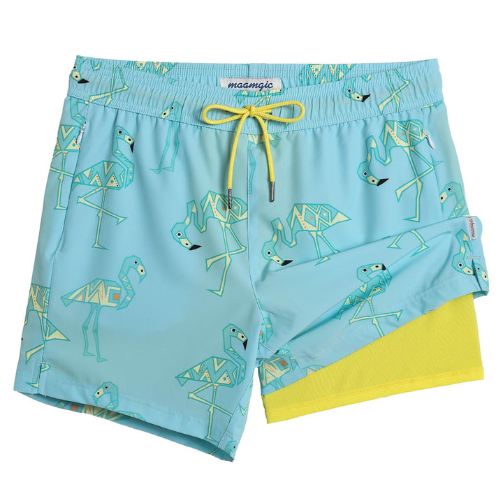 maamgic Mens Swim Trunks with Compression Liner 5" Stretch Athletic Swimming Shorts Quick Dry with Zipper Pockets No-Chafing Board Shorts Blue-Geometric Flamingo X-Small