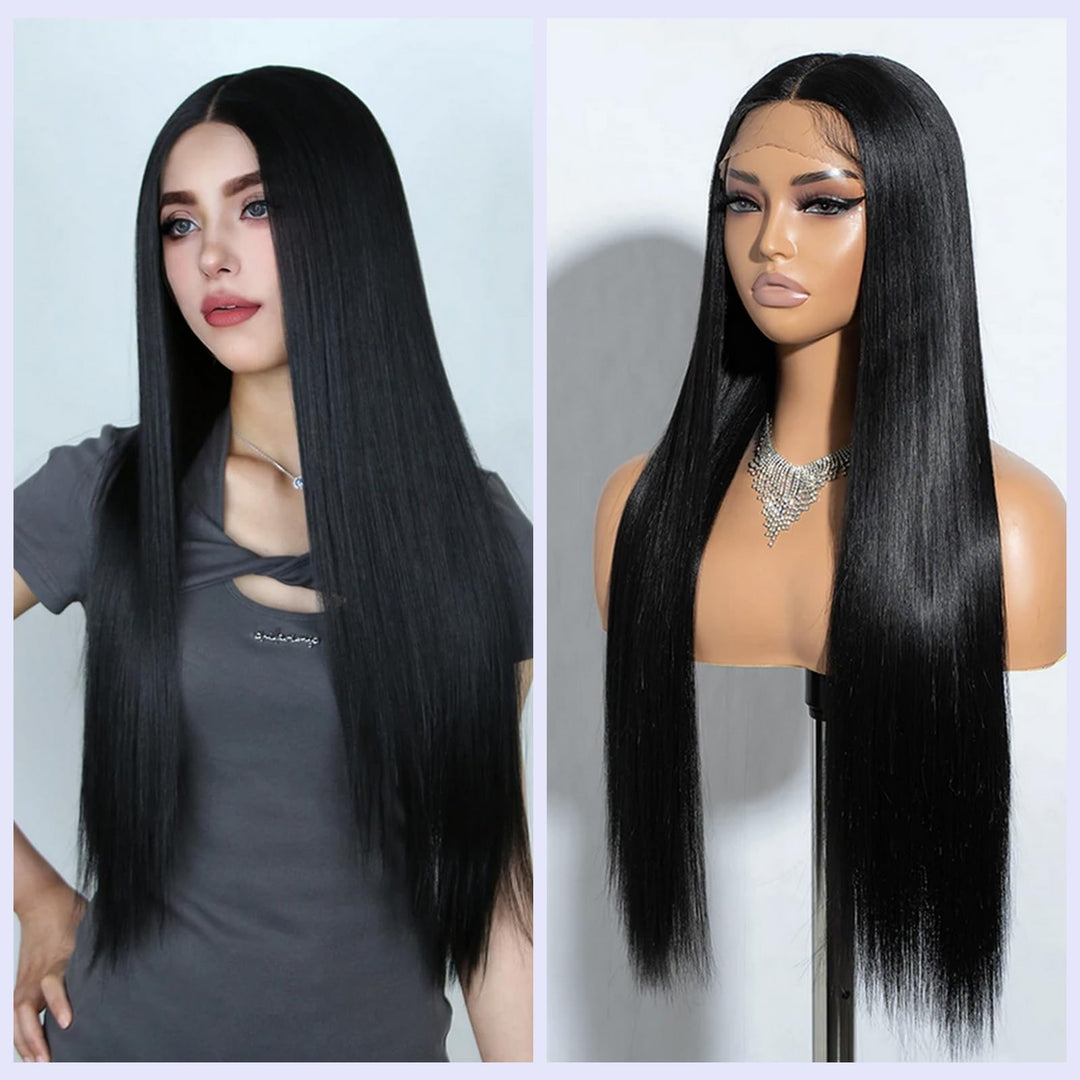 MSMYRNS Long Straight HD Lace Wig Middle Parting Synthetic Wigs 1B Black Color For Women Girls Party Cosplay Costume Wig Halloween Hair 26 Inch