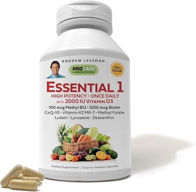 ANDREW LESSMAN Essential-1 Multivitamin 2000 IU Vitamin D3 60 Small Capsules - 100 mcg Methyl B12. CoQ10 Lutein Lycopene Zeaxanthin. High Potency. No Additives. Ultra-Mild. One Daily Capsule