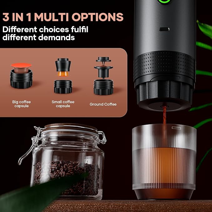 kejector Portable Coffee Maker Espresso Machine for Travel Nano Car Coffee Maker Compatible with Ground Coffee & Capsule for RV, Hiking Camping Office, Travel Espresso Maker Electric Gray