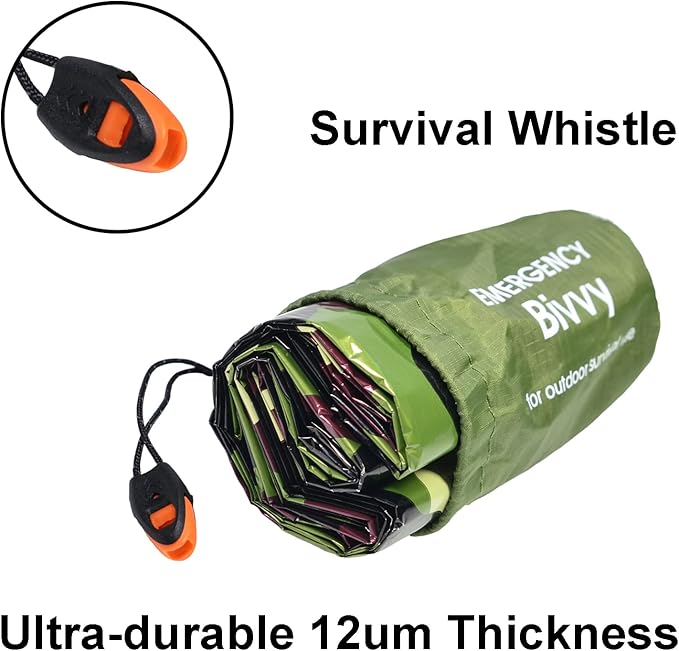 4 Pack Camo Emergency Sleeping Bags Survival Bivvy Sack with Whistles, Lightweight Portable Survival Gear for Outdoor Camping Hiking Keep Warm After Disasters (1PERSON)