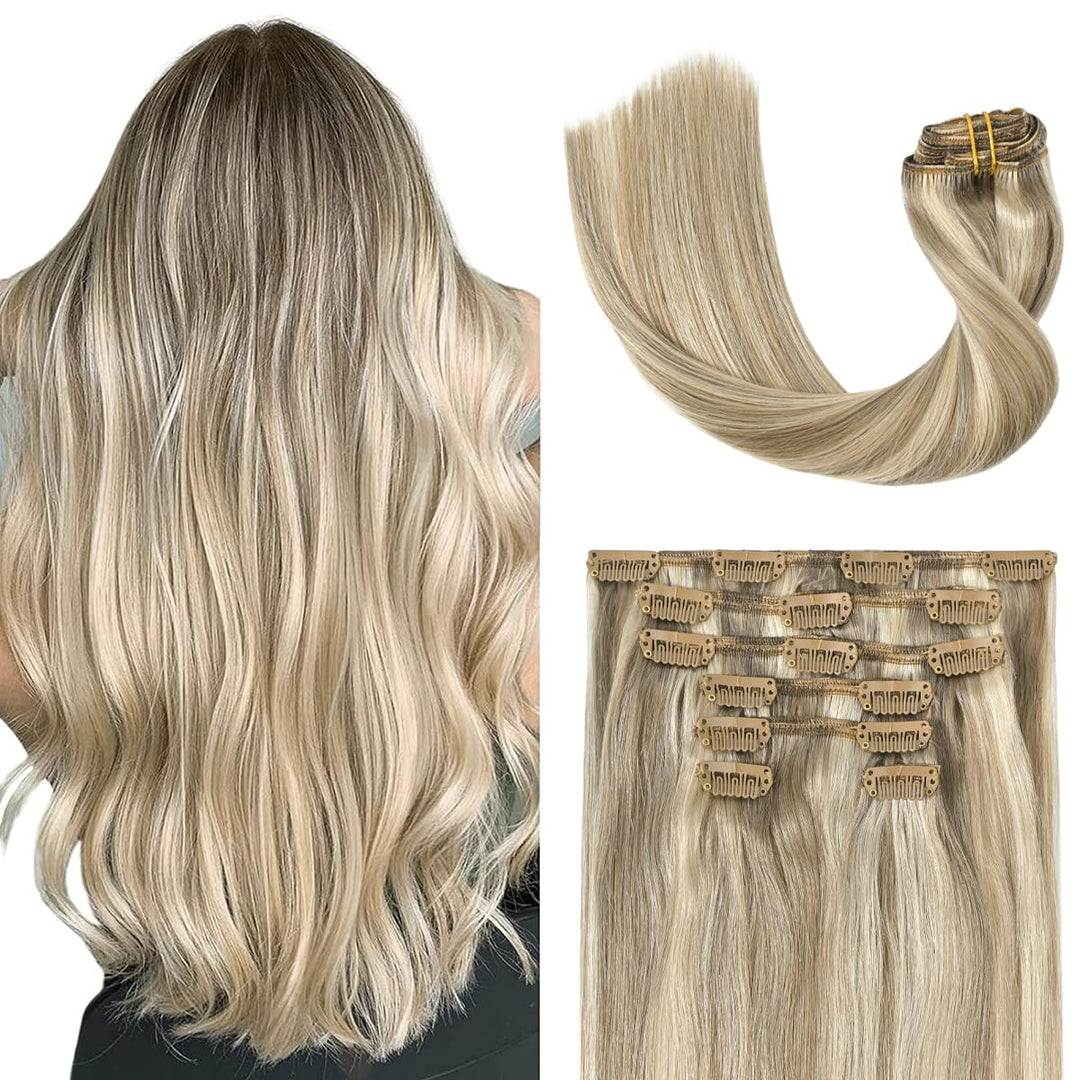 Ugotrays Blonde Clip In Hair Extensions Real Human Hair - 12 Inch 70G Ash Blonde Mixed Bleach Blonde Straight 7Pcs Double Weft -