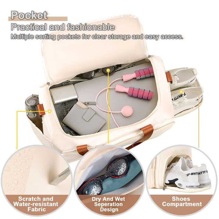 FIORETTO Women's Water-Resistant Gym Duffle Bag with Shoes Compartment, 37L Capacity, Multi-Functional, Ideal for Travel, Gym, Sports, Weekender, Beige & Brown