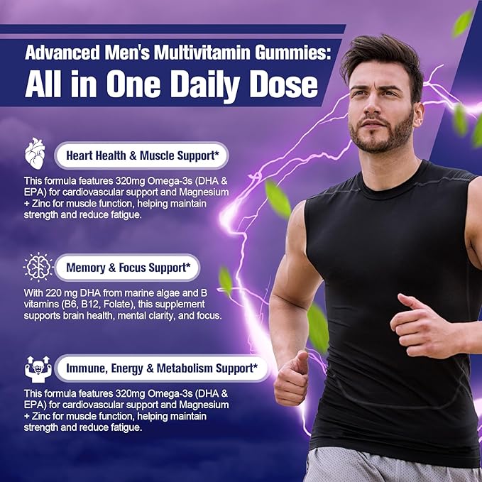 Multivitamin for Men, Mens Multivitamins Gummies w/Omega-3, Probiotics, Inositol, Folate, Biotin, Zinc, Vitamins A, C, D, E, B, - Support Heart, Brain, Muscle, Energy, Sugar-Free, Blackberry Flavor
