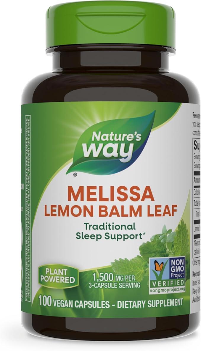 Nature's Way Melissa Lemon Balm Leaf, Traditional Sleep Support*, 1,500 mg per 3-Capsule Serving, Non-GMO Project Verified, 100 Vegan Capsules (Packaging May Vary)