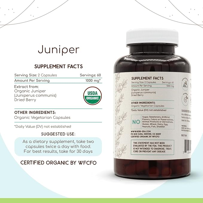 Juniper USDA Organic 120 Capsules | Natural Herbal Supplement | Certified Organic Vegetarian Capsules and Organic Juniper (Juniperus communis) Dried Berry (120 Capsules)
