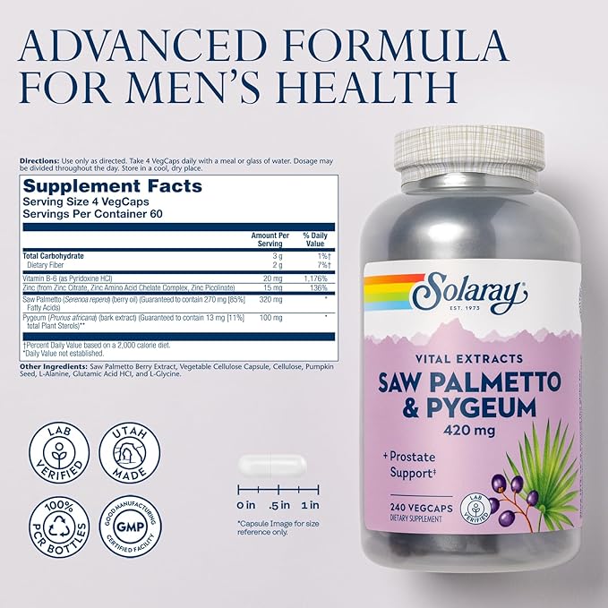 SOLARAY Saw Palmetto and Pygeum - Saw Palmetto for Men and Pygeum Bark - with Zinc, Vitamin B6, Pumpkin Seed and Amino Acids - Prostate Supplements for Men w/Beta Sitosterol, 60 Servings, 240 VegCaps