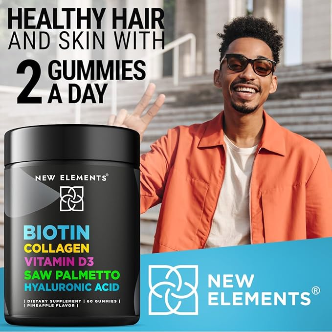 Biotin Gummies with Collagen Vitamin D3 Saw Palmetto & Hyaluronic Acid for Hair Skin and Nails, Hair Growth Supplement for Men & Women | Non-GMO | Gluten-Free | Natural Pineapple Flavor