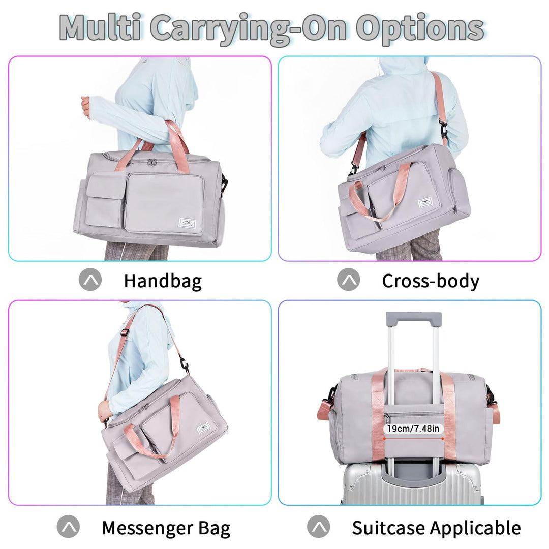 FIORETTO Women's Water-Resistant Gym Duffle Bag with Shoes Compartment, 37L Capacity, Multi-Functional, Ideal for Travel, Gym, Sports, Weekender, with Toiletry Bag, Grey & Pink