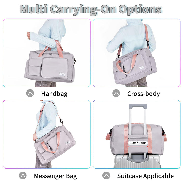 FIORETTO Women's Water-Resistant Gym Duffle Bag with Shoes Compartment, 37L Capacity, Multi-Functional, Ideal for Travel, Gym, Sports, Weekender, with Toiletry Bag, Grey & Pink