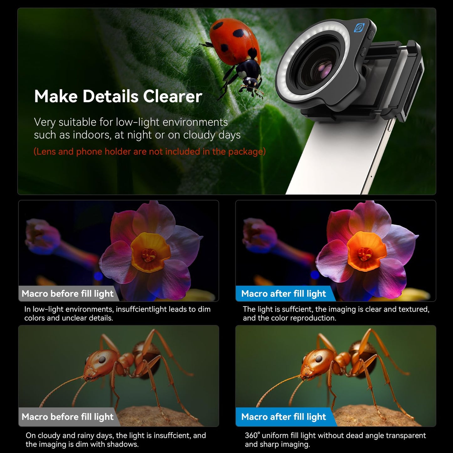 10-20x Zoom Macro Lens Set with Fill Light for Smartphones, Macro Phone Lens with Universal Lens Clip, HD Photography for iPhone and Android Phones