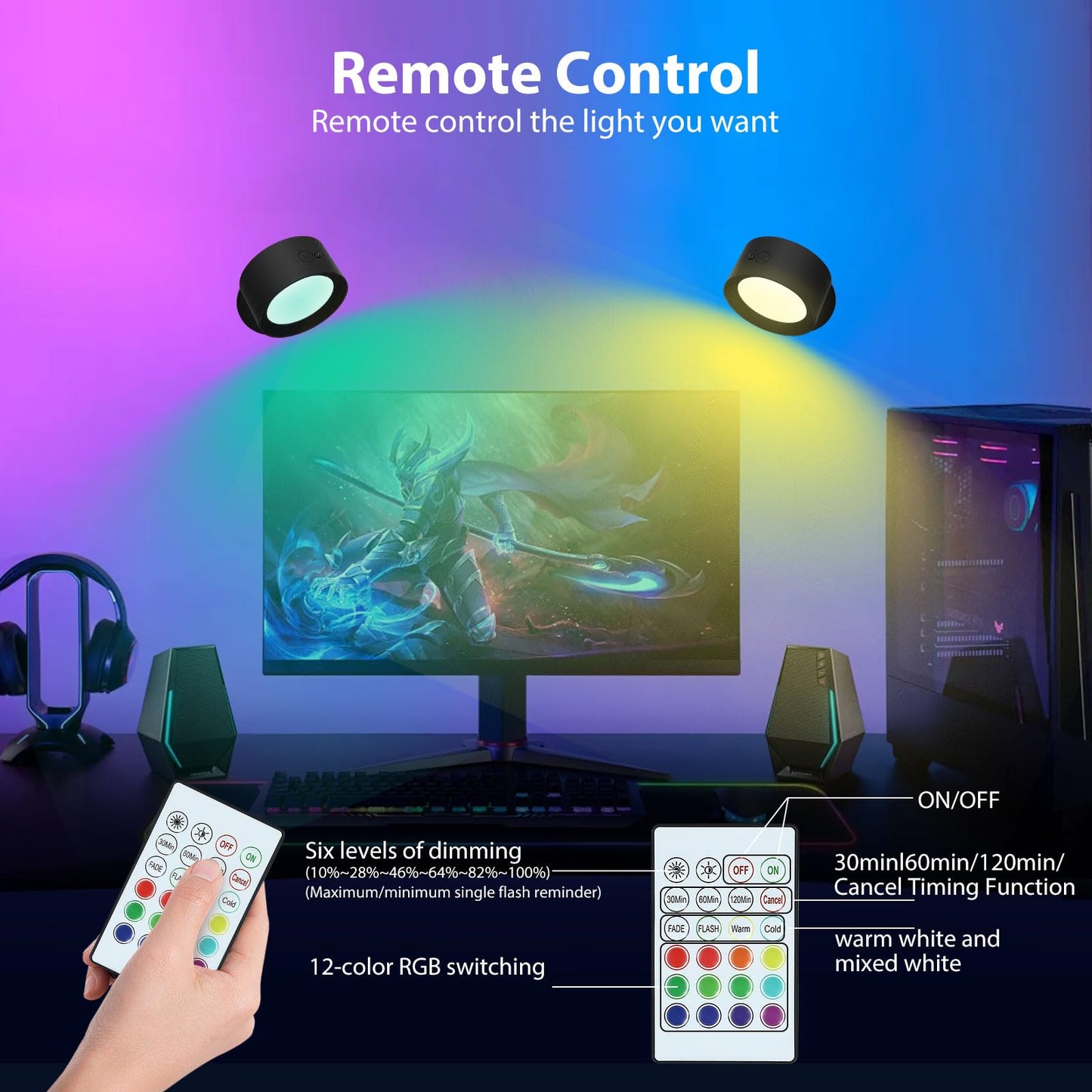 Battery Operated Wall Lamps, 2 PCS Rechargeable Wall Lights Indoor with 14 Color Modes 6 Brightness Levels, Wall Sconces 360° Free Rotation Remote&Touch Control for Bedroom Living Room Reading