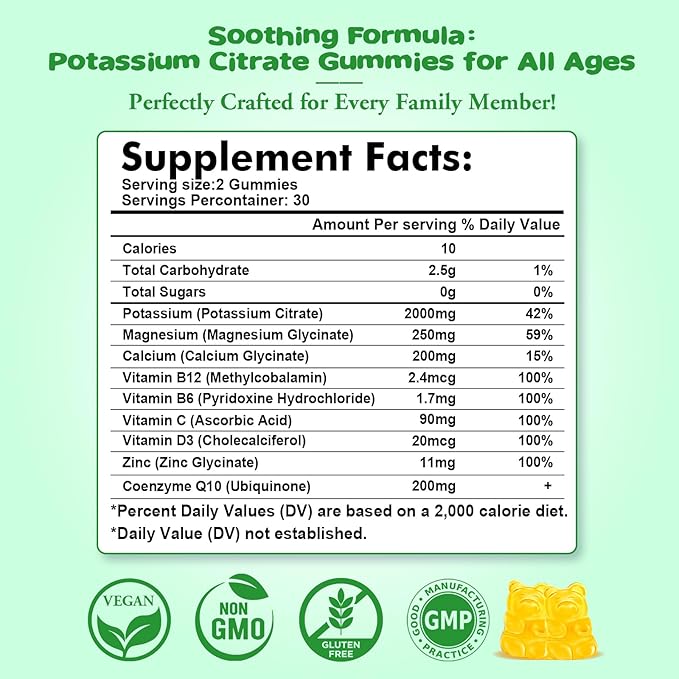 2 Pack Potassium Citrate Gummies – High Potency Potassium Supplement for Muscle Health, Leg Cramp Relief, Electrolyte Balance – Vegan, Non-GMO, Gluten-Free, Pineapple Flavor, 120 Count