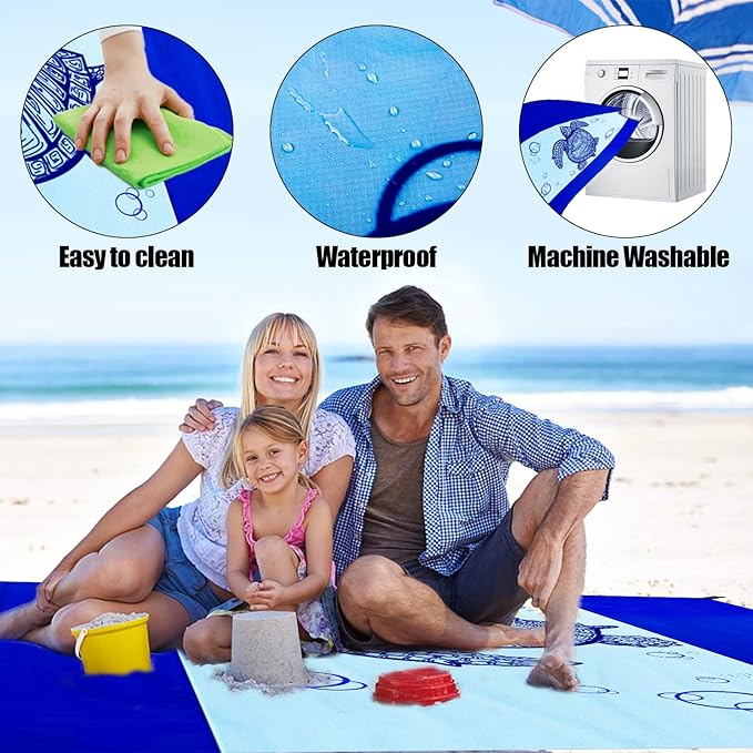 Beach Blanket Waterproof Sandproof Oversized 79" X 83" Soft Durable Light Weight and Portable Beach Mat with Corner Pockets for 4-6 Adults Outdoor Picnic Mat with Pocket for Travel Camping Hiking