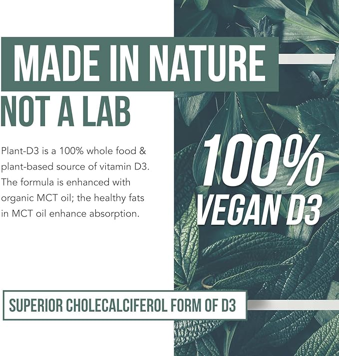 Plant-D3 Organic Vitamin D3 5000 IU - Vegan, Max Strength Sublingual Liquid D3 Drops - 200% Higher Absorption - 100% Plant-Based Cholecalciferol Form - Adjustable Dosing for All Ages (1oz Liquid)