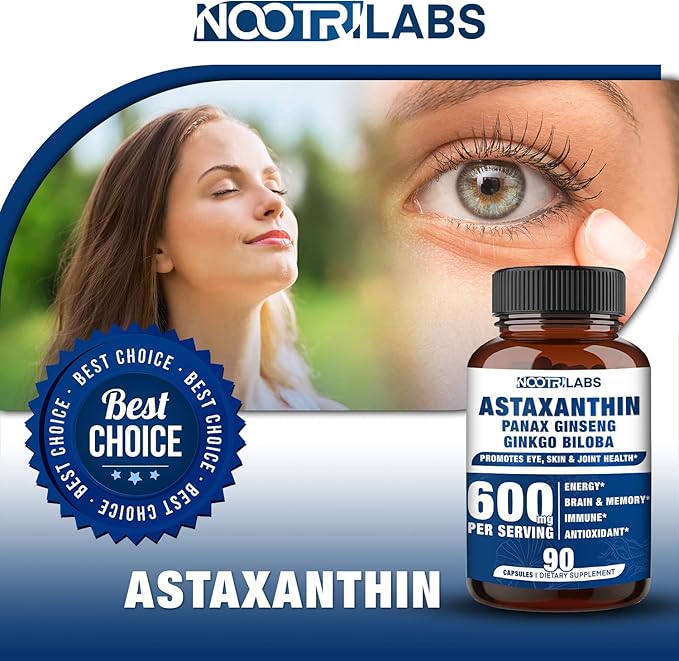 Astaxanthin 15mg + Panax Ginseng, Ginkgo Biloba Supplements, 90 Vegan Capsules, Promotes Eye Health Energy, Cardiovascular Support + Immune Defense and Focus