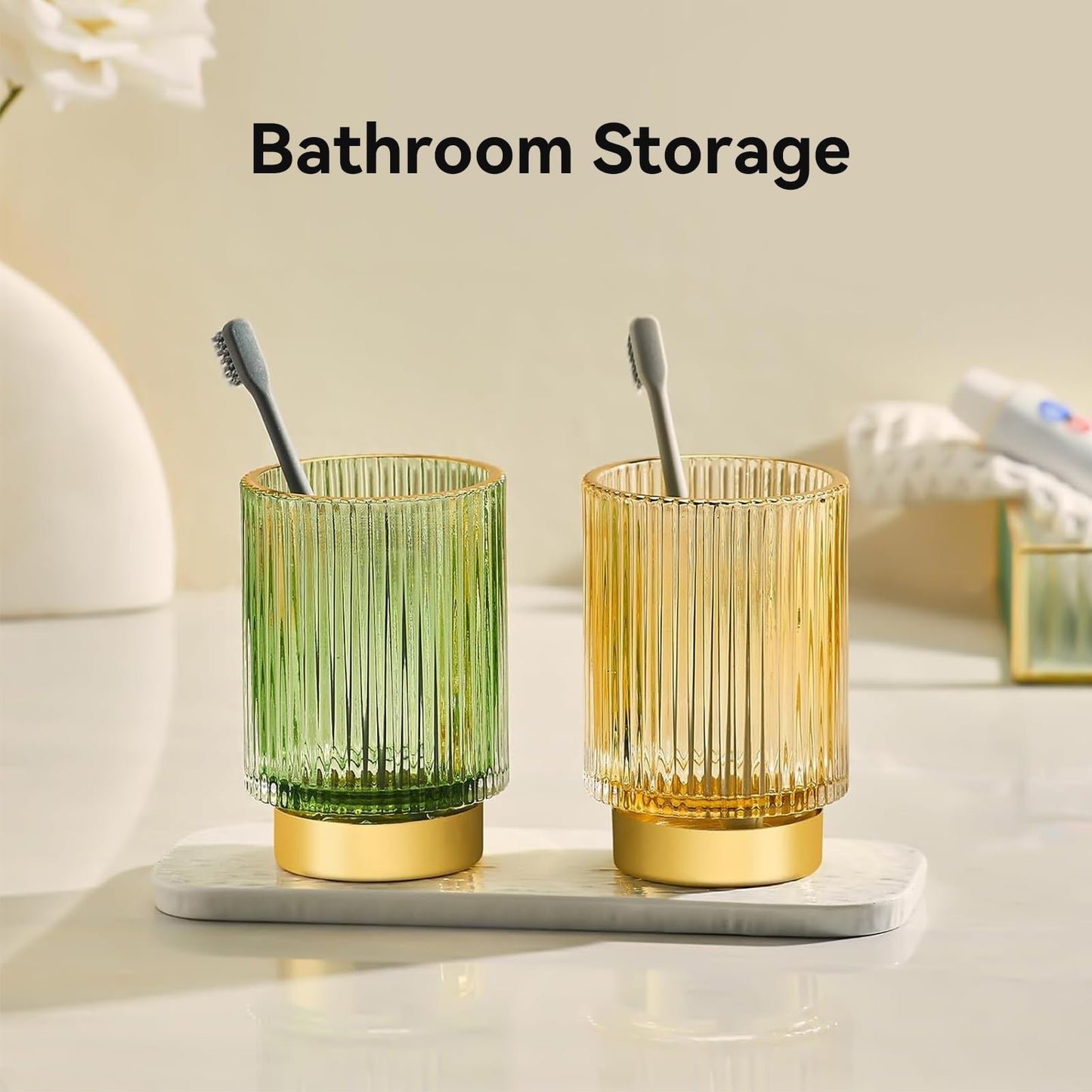 BTGGG Makeup Brush Holder 2 Pack Glass Cosmetic Makeup Brush Organiser for Vanity, Eyeliners, Eyebrow Pencil, Bathroom Toothbrush Holder, Office Storage Cup Desk Pen Holder, Amber (S+L)