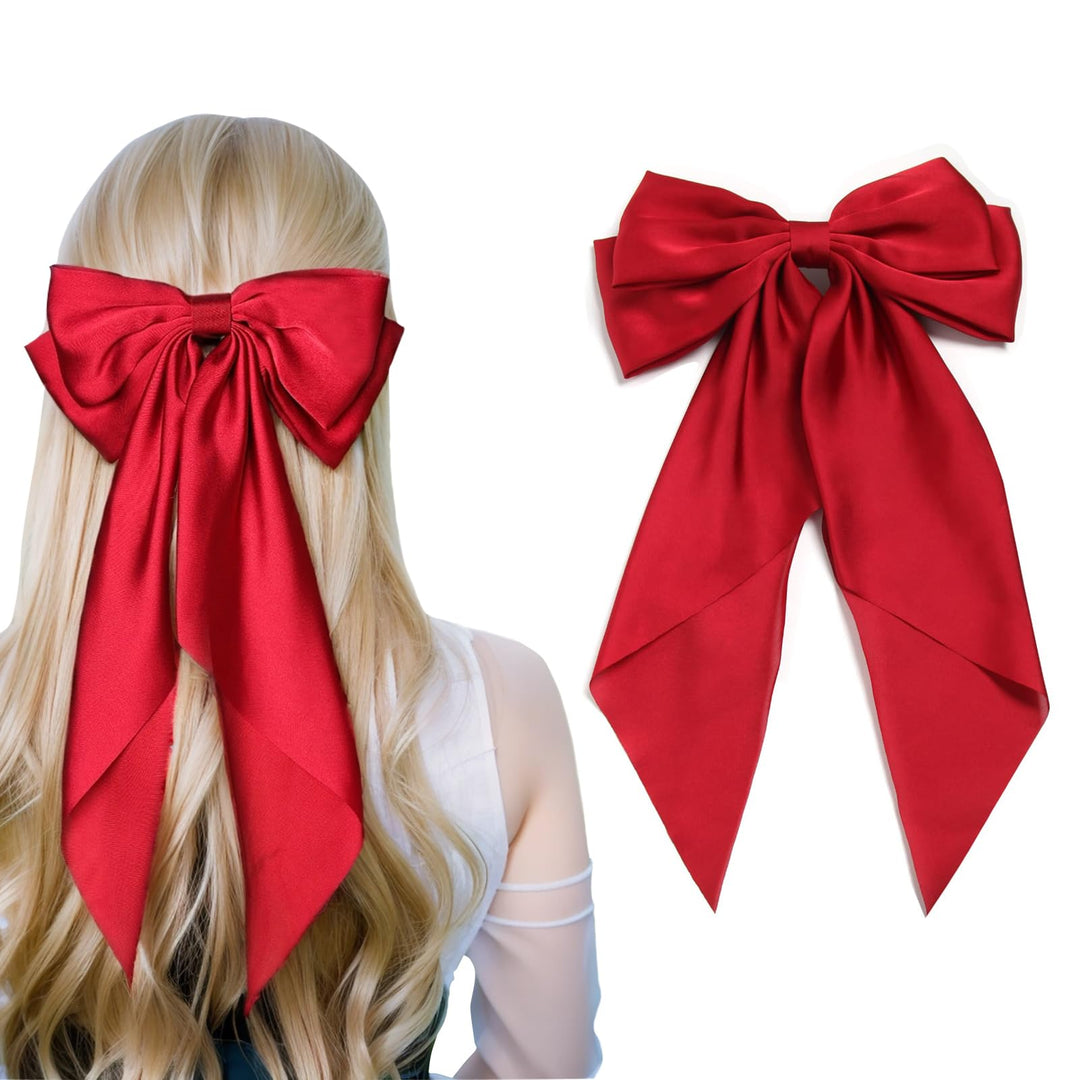 Women Big Bow Barrettes Girl'S Satin Hairclips Long Ribbon Hair Pins Accessories For Party (Burgundy)