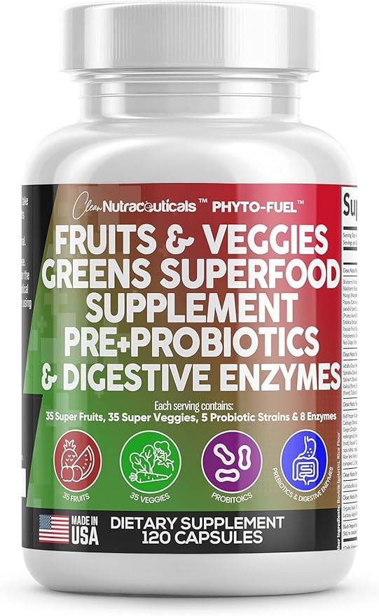 Clean Nutraceuticals Fruits and Veggies Supplement Reds & Green Superfood - Balance of Over 70 Fruit & Vegetable Supplements Capsules with Probiotics Prebiotics Digestive Enzymes - 2Pack