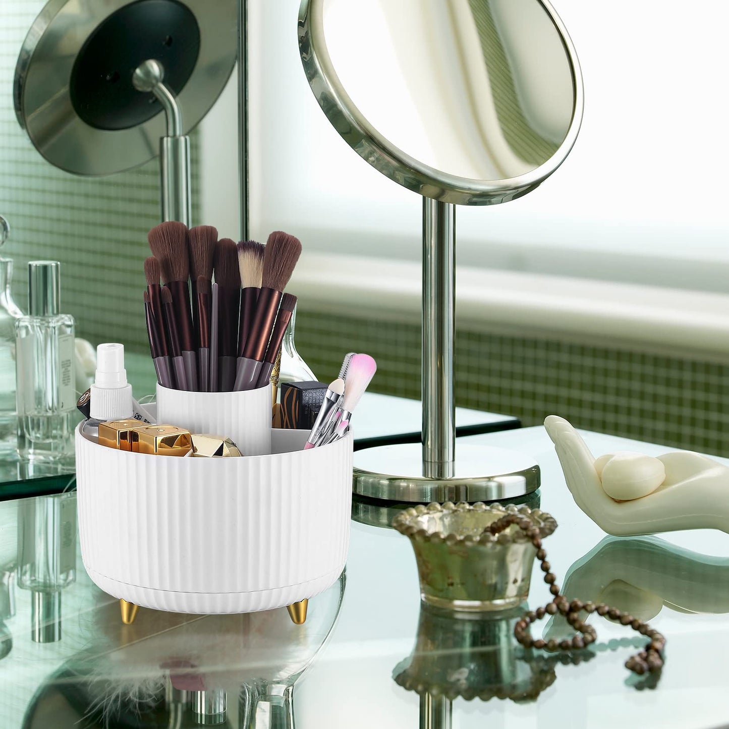 360° Rotating Makeup Organiser, Makeup Brush Holder Organizer, Spinning Cosmetic/Perfume/Beauty Organizer with 5 Compartments for Dressing Table, Bathroom Countertop Make Up Storage