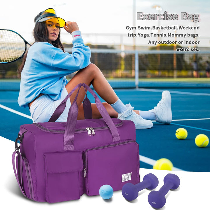 FIORETTO Women's Water-Resistant Gym Duffle Bag with Shoes Compartment, 37L Capacity, Multi-Functional, Ideal for Travel, Gym, Sports, Weekender, Violet