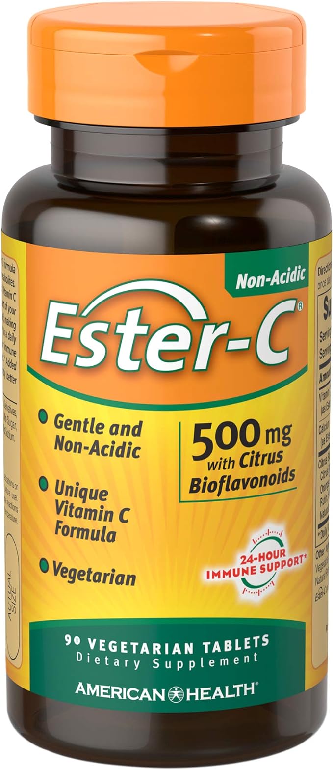 American Health Ester-C With Citrus Bioflavonoids Vegetarian Tablets - 24-Hour Immune Support, Gentle On Stomach, Non-Acidic Vitamin C - Non-GMO, Gluten-Free, Vegan - 500 mg, 90 Count, 45 Servings