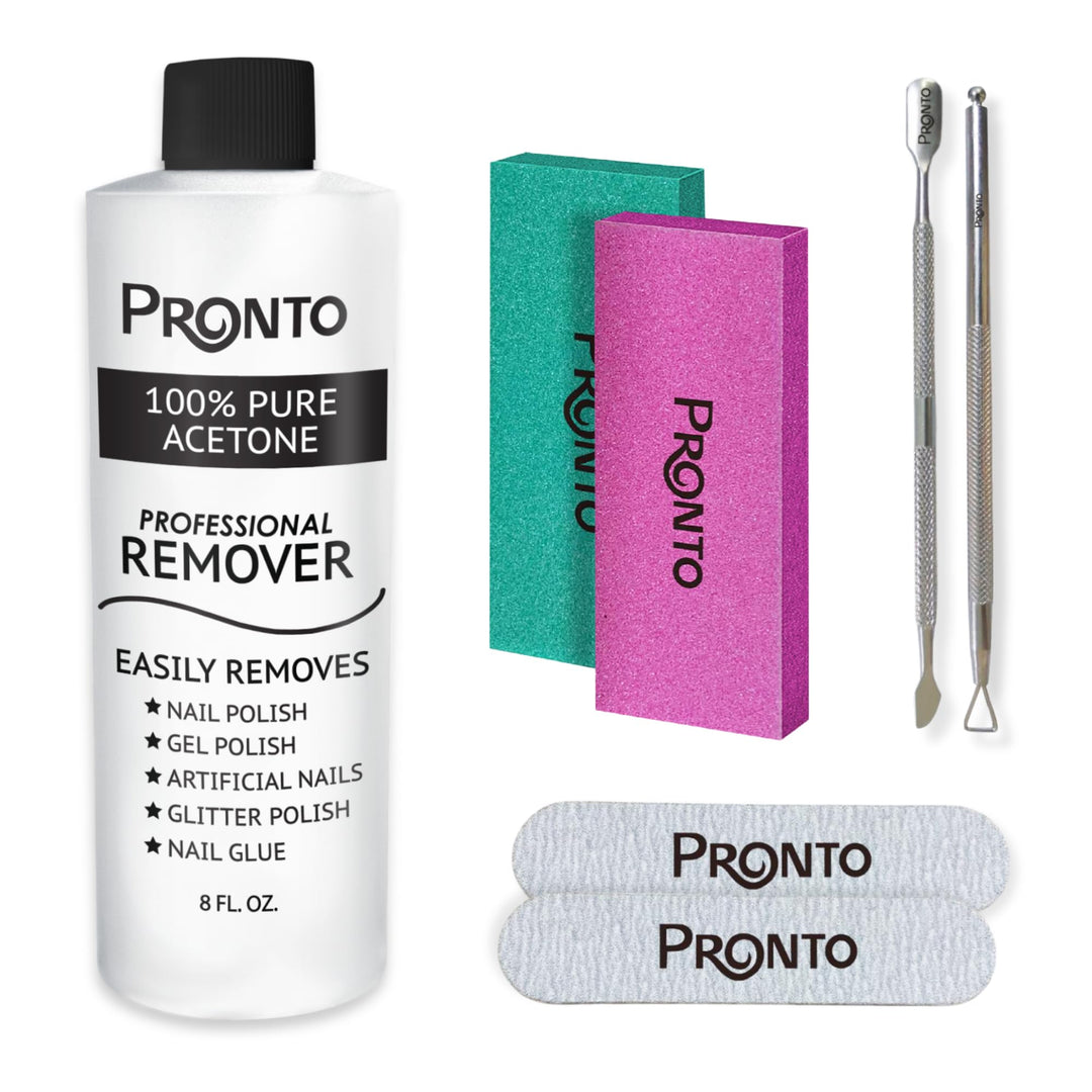 Pronto Acetone Nail Polish Remover 8 Fl Oz With Manicure Kit - Includes Nail File, Buffer, Pusher, Scraper - Pure Acetone 100 Pe