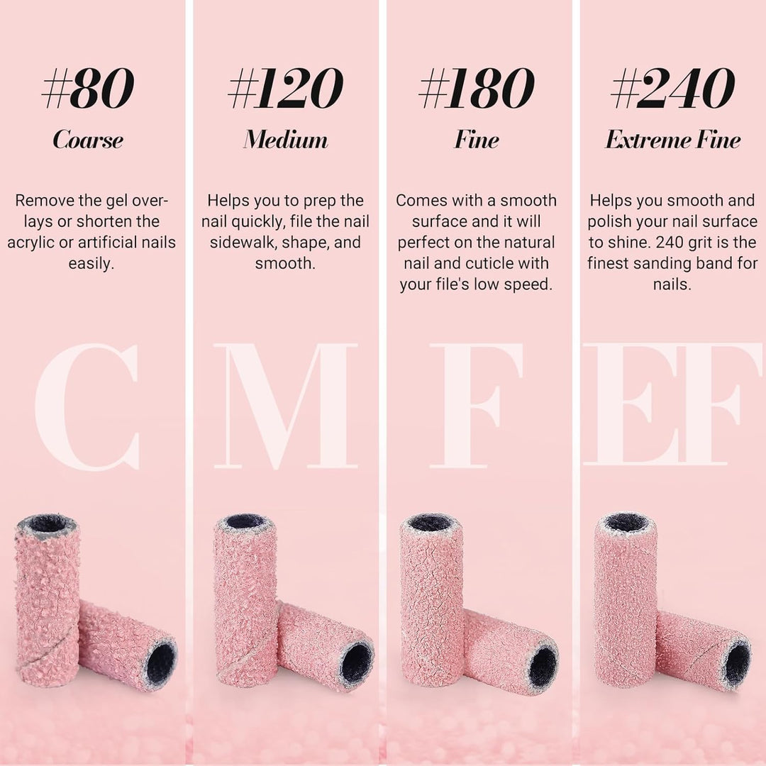 MelodySusie 120 Pcs Nail Drill Bits Small Sanding Bands for 3.1mm Mandrel Bit, 240 Extreme Fine Grit Nail File for Acrylic Nails Gel Manicures and Pedicure, Pink (Only Sanding Bands)
