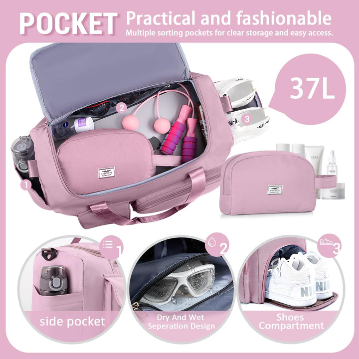 FIORETTO Women's Water-Resistant Gym Duffle Bag with Shoes Compartment, 37L Capacity, Multi-Functional, Ideal for Travel, Gym, Sports, Weekender, with Toiletry Bag, Pink