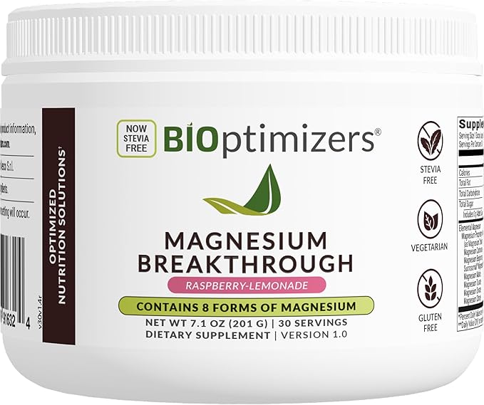 BIOptimizers Magnesium Breakthrough Drink Raspberry Lemonade - 8 Forms of Magnesium: Glycinate, Malate, Citrate, and More - Natural Sleep and Brain Supplement – 6 oz (30 Servings)