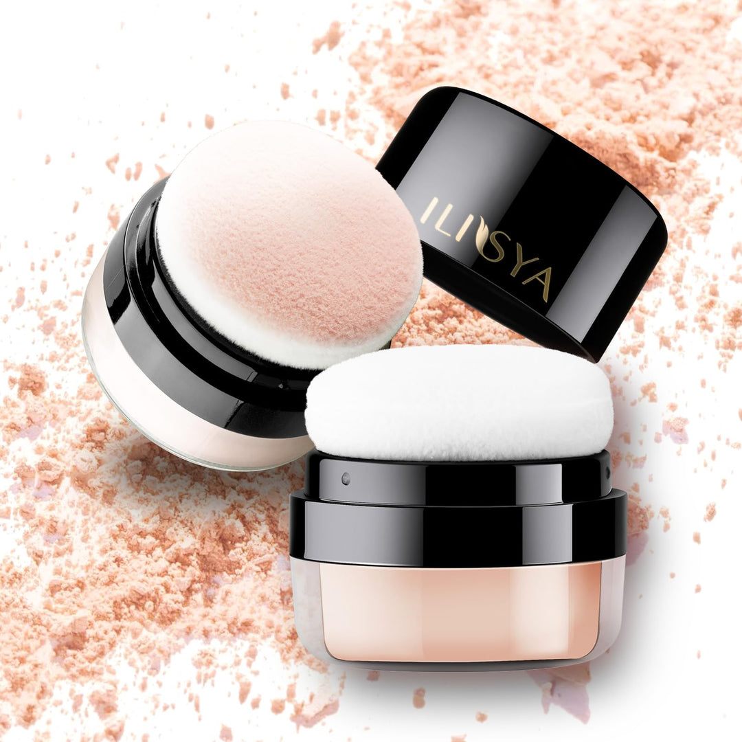 Setting Powder Lightweight Loose Powder Finishing Powder Long-Lasting Face Powder Waterproof with Soft Mushroom Powder Puff & Mirror, Matte Finish (Light Apricot/Translucent)-2 Boxes