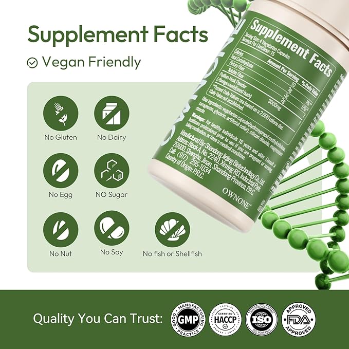 Psyllium Husk Capsules, Natural Fiber Supplement for Women & Men, 3000mg Psyllium Husk Powder per Serving, Vegan Colon Cleanser, Fiber Capsules for Overall Digestive Health, Easing Constipation